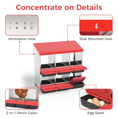 Heavy Duty Galvanized Steel Chicken Nesting Box – 6 Holes, Roll Away Egg Laying, Protective Lid, Wall Mounted or Freestanding, Easy Clean, Vented Pegboard Side, Red (Pegboard Side Design) - color: Red, size: 6 Room&Mat Board