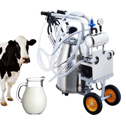 550W Electric Cow Milking Machine, 6.6 gal / 25L 304 Stainless Steel Bucket, Automatic Cow Milker with Vacuum Pulsation, 5-8 Cows Per Hour with Silicone Cups and Tubes, Wheels for Cows and Goats