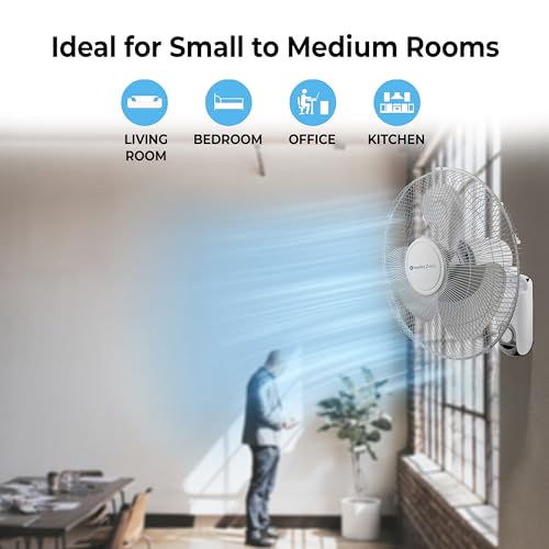 Comfort Zone Oscillating Wall Mount Fan with Adjustable Tilt, 16 inch, 3 Speed, Metal Grille, 90 Degree Oscillation, Airflow 14.07 ft/sec, Ideal for Home, Bedroom, Gym & Office, CZ16W - style: 16" Standard