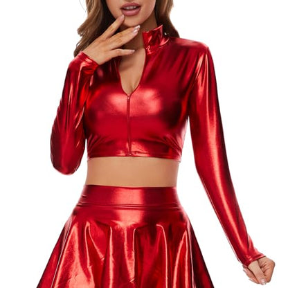 Kepblom Women's Metallic Crop Top Long Sleeve Mock Neck Turtleneck Holographic Zip Up Blouses - color: Red, size: Medium