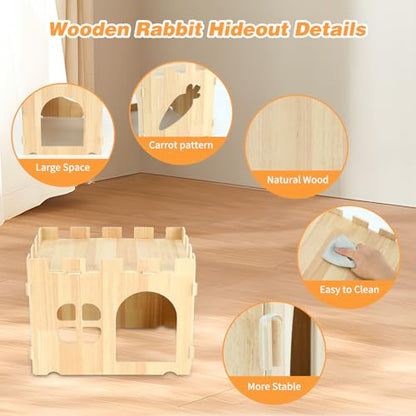 BWOGUE Large Wooden Rabbit House and Hideouts Bunny Castle Detachable Small Animal Play Hideaway Rabbit Hideout Cage Accessories for Indoor Adult Rabbit Guinea Pig Chinchilla Habitat - style: 1 House