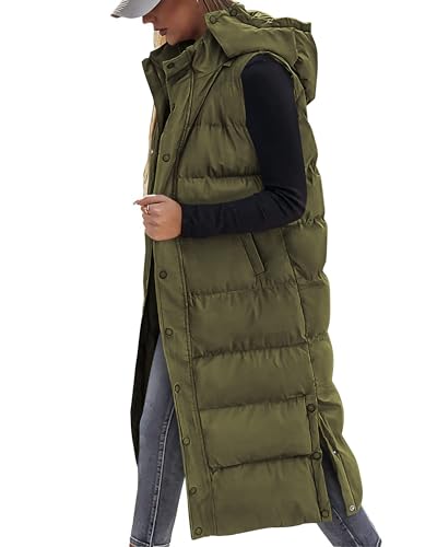 BTFBM Long Puffer Vest Women Quilted Hooded Button Down Zip Up Sleeveless Vests Outerwear Padded Jacket Fall Winter Coat - color: Army Green, size: Medium