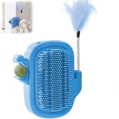 3-in-1 Cat Self Groomer Brush – Wall Corner Cat Scratch Pad with Catnip Ball & Feather Toy, Cactus-Style Wall Brush for Indoor Cats, Cats Massager & Face Scratchers for Fur Pets - color: Blue