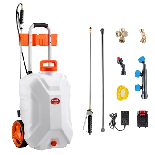 VEVOR Battery-Powered Sprayer with Wheeled Cart, 10 Gallons Electric Weed Sprayer, Adjustable 0-80 PSI, Yard Lawn Sprayers with Wheels, 5 Nozzles & 98ft Hose, 3-6H Spray Time, for Weeding, Cleaning - size: 10 Gal