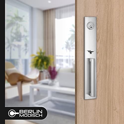 Berlin Modisch Full Escutcheon HandleSet Front Door Entry Handle and Deadbolt Lock Set Slim Square Single Cylinder Deadbolt and Lever Heavy Duty – Satin Nickel Finish - color: Satin Nickel, size: Full Escutcheon HandleSet