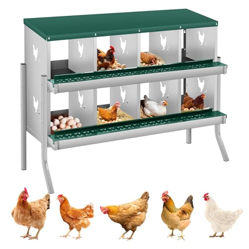 8 Compartment Chicken Nesting Boxes, Metal Roll Away Egg Laying Boxes with Removable Tray & Lid Cover, Chicken Coop Nest Box for Hens, Egg Protection Design (with Legs) Green - color: Green, size: 8 hole - with leg