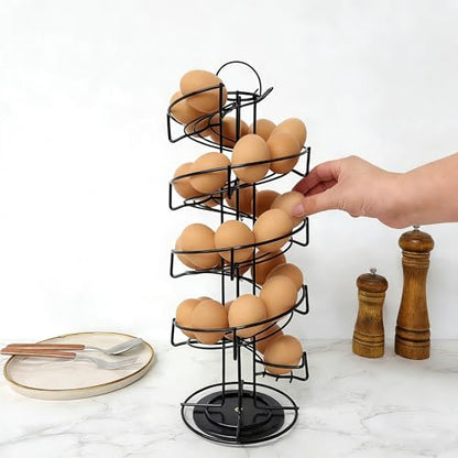 Egg Holder Countertop, Black Metal Spiral Egg Skelter Dispenser Rack with 360° Rotating Design, Farmhouse Egg Storage Display, Wide Stable Base Kitchen Organizer for Fresh Eggs