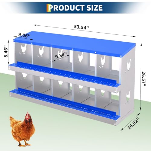 10 Compartment Chicken Nesting Box, Galvanized Steel Metal Laying Box with Removable Tray Roll-Out Egg Collection, Wall Mount Hen Roosting Box, Easy Egg Collection - color: Blue, size: 10 holes