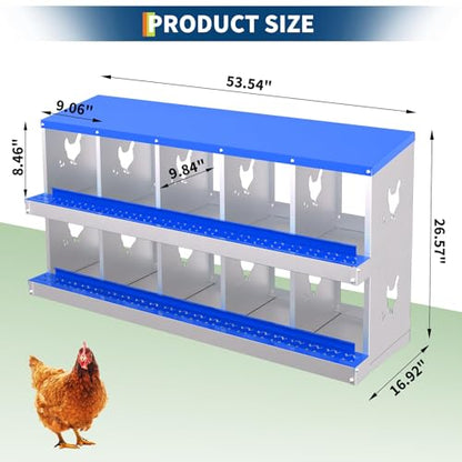 10 Compartment Chicken Nesting Box, Galvanized Steel Metal Laying Box with Removable Tray Roll-Out Egg Collection, Wall Mount Hen Roosting Box, Easy Egg Collection - color: Blue, size: 10 holes