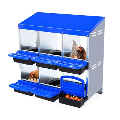 Chicken Nesting Boxes, Roll Away Nesting Box 6 Hole Metal Chicken Egg for Chicken Coop, Swing Perch and Rollout Egg Collection, Blue - color: Blue, size: 6 holes
