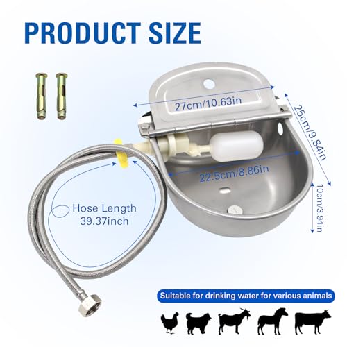 Stainless Steel Automatic Livestock Waterer Dog Waterer Bowl Upgraded Bottom Drain Hole with Water Hose (3/4'') and Float Valve and Two Expansion Screws, for Cattle Horse Goat Sheep Animals Pet