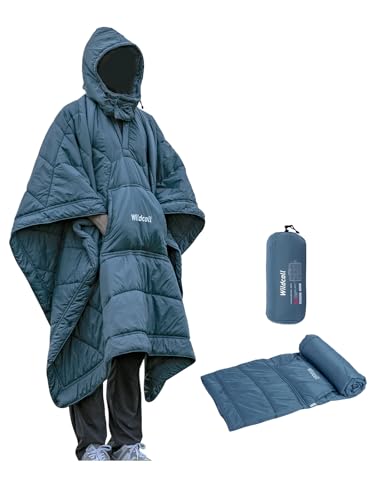 WildCall Hooded Camping Blanket with 3M Thinsulate Insulation Wearable Poncho Blanket Ultralight Foldable Quilt Sleeping Bag for Outdoor, Hiking, Stadium - color: Blue