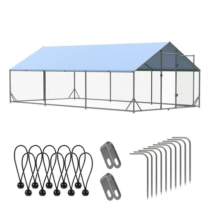 Outdoor Metal Chicken Coop, Metal Chicken Coop with Run,Walk-in Poultry Cage Spire-Shaped Chicken Run Small Animal Pens with Waterproof and Anti-UV Cover for Outside,Backyard and Farm,19.6'x9.8'x6.4' - size: 235.0"L x 118.0"W x 76.8"H