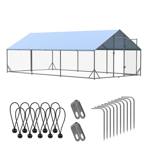 Outdoor Metal Chicken Coop,Metal Chicken Coop with Run,Walk-in Poultry Cage Spire-Shaped Chicken Run with Waterproof and Anti-Ultraviolet Cover for Outside,Backyard and Farm,19.6'x9.8'x6.4' - color: Spire-Shaped Roof, size: 235.0"L x 118.0"W x 76.8"H