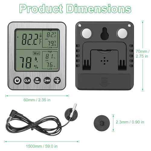 Digital Dual Channel Thermometer Hygrometer, Detachable Temp-Only Probe, 24H & All-Time Min Max Memory Fridge Reptile Tank Wine Cellar Greenhouse Garage Bedroom zz20 White 1 Pack - color: White, size: h1