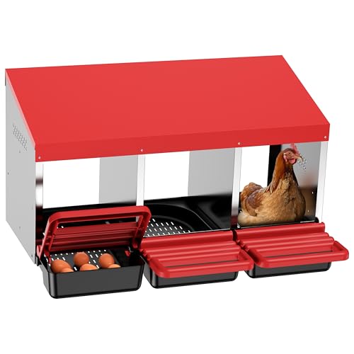 ZenxyHoC Chicken Nesting Boxes, Metal Chicken Egg Laying Box with Swing Perch and Rollout Egg Collection for Chicken Coop Red 3 Compartments - size: 3 Compartments