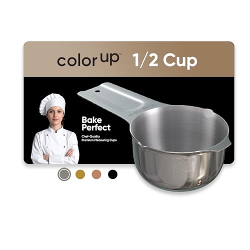 Color Up ½ Cup Measuring Cup (120 ml) – Premium Chrome Stainless Steel, Accurate for Wet & Dry Ingredients, Embossed Markings, Easy-Pour Spouts, Dishwasher-Safe, Kitchen Essential - size: 1/2 Cup (120 ml) Stainless