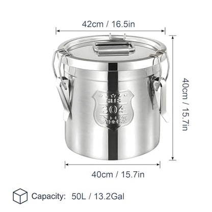 304 Stainless Steel Airtight Storage Bucket with Lid, Food Grade Sealed Canister for Kitchen, Rice, Flour, Grain, Pet Food, Waterproof Camping Storage Container(50L/13.2Gal) - size: 50L/13.2Gal