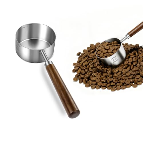 Stainless Steel Dog Food Scoop, Dog Food Measuring Cup With Measuring Lines (Cup/ML) & Long Wooden Handle, Metal Pet Food Scoop For Dogs, Cats and Kitchen Use, Dishwasher Safe (1/4 CUP) - size: 1/4 CUP