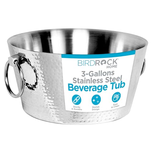 BIRDROCK HOME Hammered Stainless Steel Round Beverage Tub with Handles - Double Wall Insulated 3 Gallons - Metal Drink Cooler & Ice Bucket for Parties - Outdoor Aluminum Holder for Bottles & Soda - color: Silver