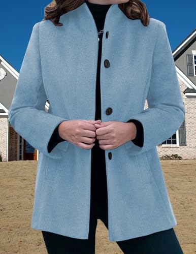 LIZALIG Women's Stand Collar Pea Coat Winter Long Sleeve Wool Blend Short Jackets Single Breasted Blazer Coat Outwear - color: Lightblue, size: Small