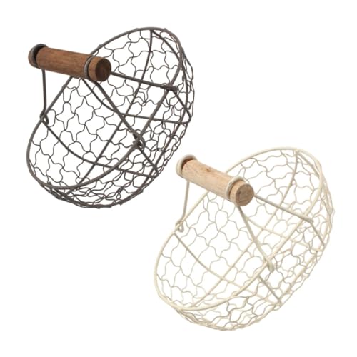 Ciieeo Vintage Rustic Metal Wire Egg Basket and Multi-function Fruit Storage Basket Set, 2 Pieces Gray and Cream, Portable Kitchen Organizer for Fruit, Bread, and Egg Collection