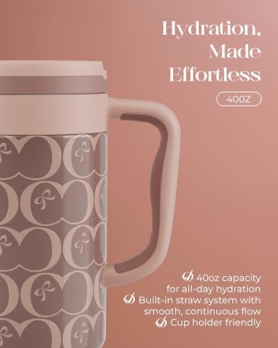 40 oz Insulated Tumbler with Handle and Push-Button Straw Lid, Stainless Steel Travel Cup for Gym Office, Leakproof, BPA-Free, Cup Holder Friendly, Bow Silicone Boot, Brown (C’ Espresso) - color: C’ Espresso