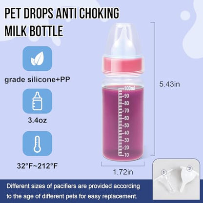 ASEVAT 3.4 oz 3Pack Pet Feeding Bottle, Anti-Choking Puppy Feeder Design,with 3pcs Replaceable and Reusable Silicone Nipples for Feeding Puppies, Kittens, Small Animals - color: Pink