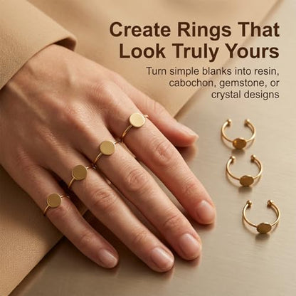45 Pcs Adjustable Ring Blanks Stainless Steel, Flat Pad Tray Ring Base for DIY Jewelry Making, Open Band Fit Most Sizes, Durable Craft Findings Set for Resin Cabochon Gem Settings Gold Silver