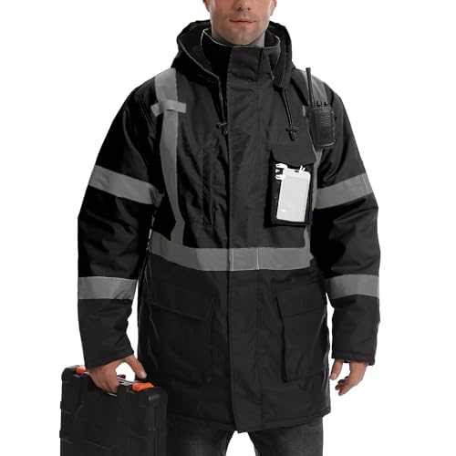 Reflective Jacket, High Visibility Parka, Waterproof Hi Vis, Safety Jacket with Removable Hood and Zipper, ANSI Class 3 (Black,Medium) - color: Black-parka, size: Medium