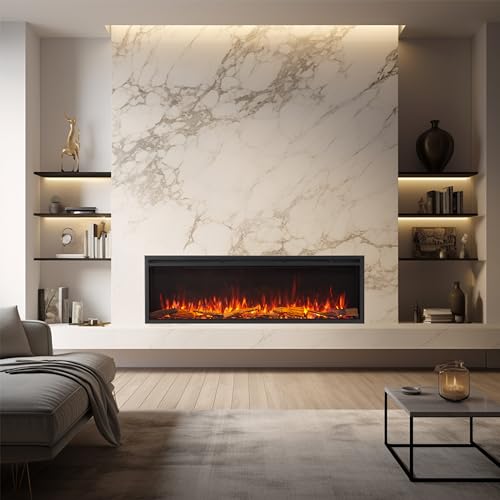 LegendFlame 60" W Smart Wall Mount & in Wall Recessed Electric Fireplace Insert, Heater 750W/1500W, Multi Colors of Flame & Fuel Bed, Alexa/Google Assistant Enabled - size: 60" DEEP