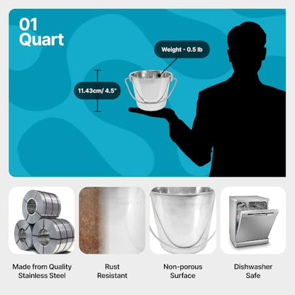 1 Quart Stainless Steel Bucket - Heavy Duty Flat Side Small Metal Bucket for Feeding & Watering Pets, Livestock & Cleaning - Perfect for Crates, Kennels, Cages & Hang on Fences - 0.25 gal - size: 1 Quart