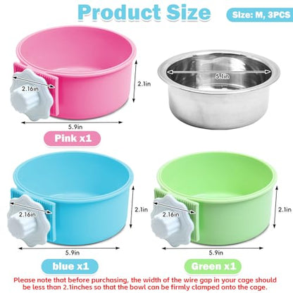 kathson Crate Dog Bowl, Removable Stainless Steel Hanging Pet Cage Bowl Food & Water Feeder Coop Cup for Cat, Puppy, Birds, Rats, Guinea Pigs (3 PCS, Size: M, Blue, Green, Pink) - color: Size: M (Blue, Green, Pink), size: 3 PCS