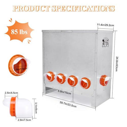 Automatic Chicken Feeder No Waste Large Capacity 85lbs 6-Ports Metal Poultry Feeder with Pull Handle for Chickens Geese Ducks Poultry Coop Weatherproof Design - color: 85lb with 6 Ports