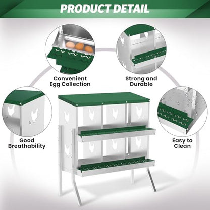 IDEALHOUSE Chicken Nesting Box, Galvanized Steel Laying Box with Rustproof & Roll-Away Egg Design, for Hens, Green 6 Compartment with Bracket - color: Green, size: 6 compartments (with bracket)