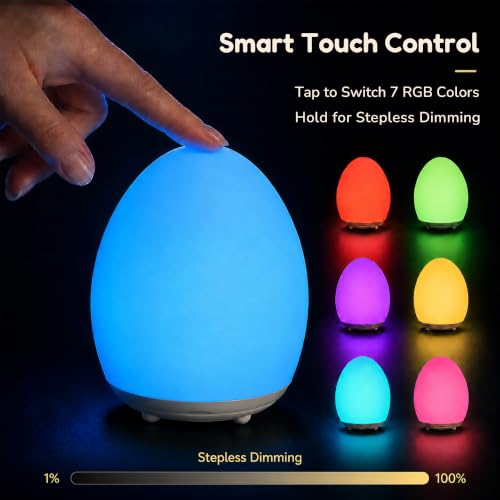 Egg Night Light for Kids, Soft Silicone Baby Egg Light for Nursery | Touch Control, Stepless Dimming & 7 Color Changing, Rechargeable, 30/60 Minute Timer for Breastfeeding, Nursery