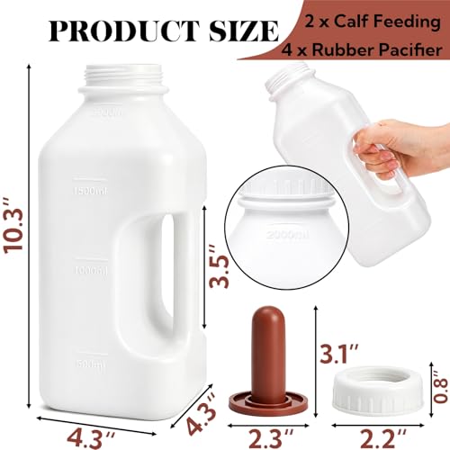 Tlence 2 Pack Screw Nipple Calf Feeding Device, 2.11 Quart Calves Nursing Bottle with 4 Rubber Pacifier, Calf Milk Feeder with Hand Grip Handle for Livestock Supplies