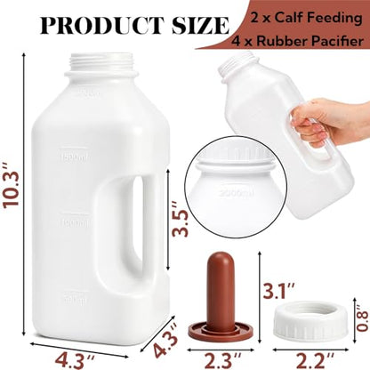 Tlence 2 Pack Screw Nipple Calf Feeding Device, 2.11 Quart Calves Nursing Bottle with 4 Rubber Pacifier, Calf Milk Feeder with Hand Grip Handle for Livestock Supplies