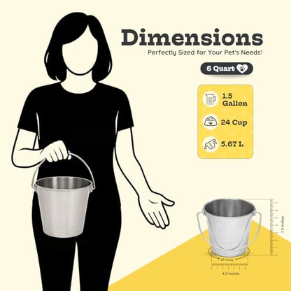 6 quart Heavy Duty Stainless Steel Round Bucket with Handle | 1.5 gal Sturdy Food & Water Bowl for XL Dogs Cats Goat sheep & Livestock | Fits kennel Crate Cage Farm | Hanging Utility Pail - size: 6 Quarts