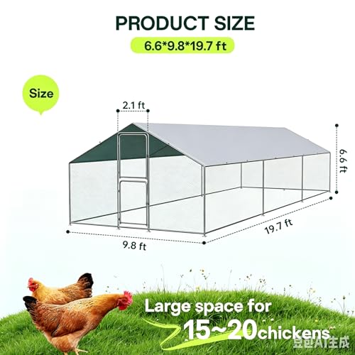 Large Metal Chicken Coop, Walkin Poultry Cage for 30 Chickens with Full-Coverage PE Roof, Waterproof & Anti-UV Cover, Double Lockable Doors, Outdoor Hen/Duck/Rabbit House (20x10x 6.5 FT) - size: 236.0"L x 118.0"W x 79.0"H