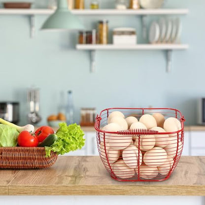 2 PCS 7" Red Square Wire Egg Baskets for Fresh Egg With Handle, Small Metal Collecting Basket for Gathering Fresh Eggs, Chicken and Duck Eggs Hunting Basket Egg Holder Countertop - color: Red