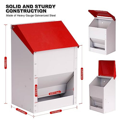 Automatic Metal Chicken Feeder Galvanized Poultry Feeder with Lid Outdoor Wall Mount Chicken Food Dispenser Gravity Fed Chicken Feeder Weatherproof No Waste Quail Duck Feeder (10LBS)