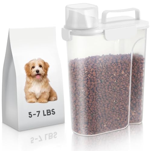 LEAWALK 5-7Lbs Dog Cat Food Storage Container with Upgraded Large Nozzle BPA-free, 4 Snap Seals Plastic Pet Food Storage Containers with Handles (White, 5L-1pack) - color: White, size: 5L-1pack