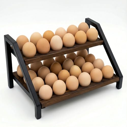 2-Tier Fresh Egg Holder Countertop, Wooden & Metal with Handle, 36 Eggs Capacity for All Kitchen Styles