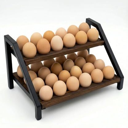 2-Tier Fresh Egg Holder Countertop, Wooden & Metal with Handle, 36 Eggs Capacity for All Kitchen Styles