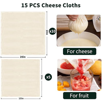 Grade 100 Cheesecloth for Straining, 15 Pack Unbleached Cotton Cloths | Precut with hemmed edges, reusable 56 x 42 weave, 10 pcs 20 x 20 + 5 pcs 15 x 15 for yogurt, cheese and nut milk