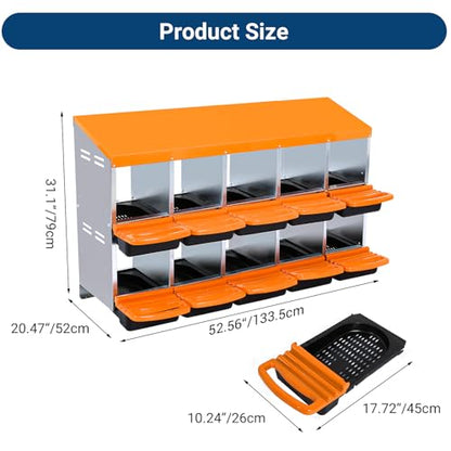 Nesting Boxes for Chickens, 10 Compartments Chicken Nesting Box, Chicken Laying Boxes with Lid Cover, Roll Away Nesting Box for Chickens Laying Egg, Orange