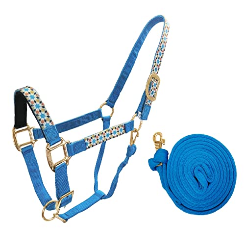 Tahoe Tack Patterned Nylon Adjustable Horse Halters with Padded Noseband and Matching 10’ Soft Grip Lead Rope with one Year Warranty - color: Geometric and Hurricane Blue