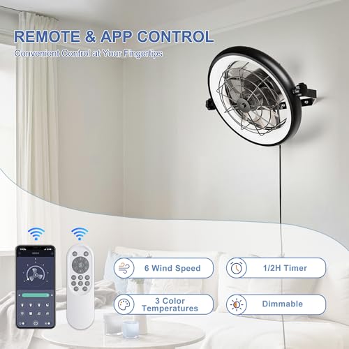 16" Wall Mounted Fan Indoor, Quiet 6 Speed Wall Mount Fan with Remote, Light and Timer, 360° Adjustable Tilt Plug in Wall Fan for Garage, Bedroom, Kitchen, Living Room, Greenhouse, Patio - size: 16"
