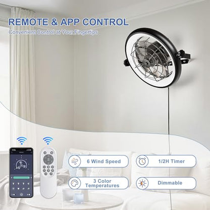 16" Wall Mounted Fan Indoor, Quiet 6 Speed Wall Mount Fan with Remote, Light and Timer, 360° Adjustable Tilt Plug in Wall Fan for Garage, Bedroom, Kitchen, Living Room, Greenhouse, Patio - size: 16"